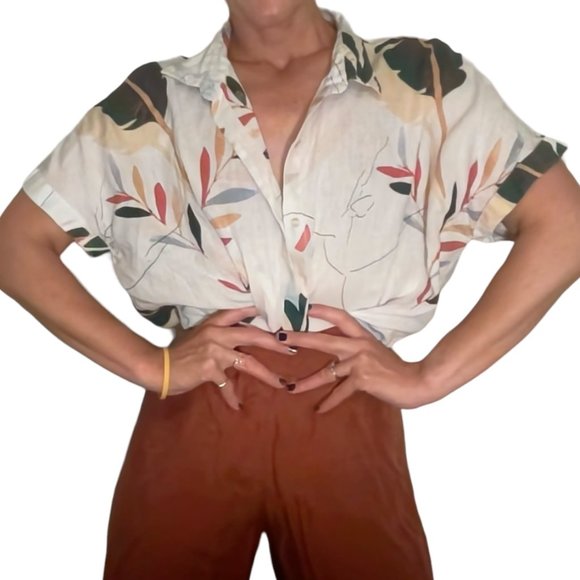 Cynthia Rowley Tops - Cynthia Rowley Linen Tropical Print Short Sleeve Button-Down
